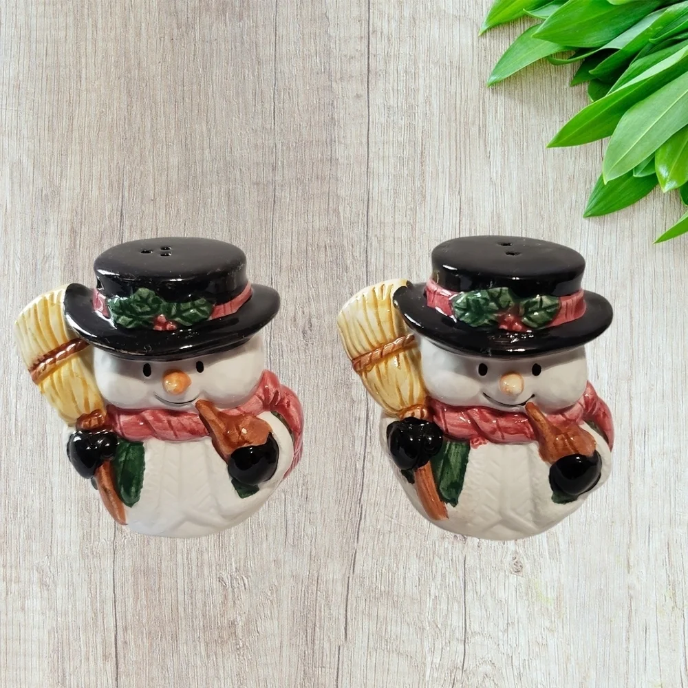 Vintage christmas holiday snowmen with broom salt & pepper shakers 